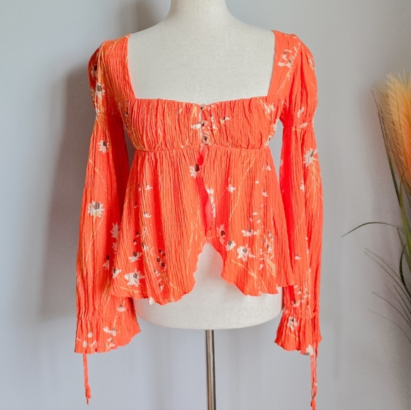 Urban Outfitters New Allie Orange Floral Tie Sleeve Blouse Shirt Womens SZ XS - Picture 2 of 13